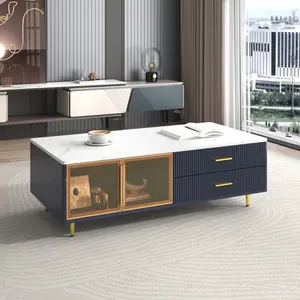 47.2*23.5*15.5 Inch Modern Coffee Table, Marble White Veneer MDF Tabletop with Blue Cabinet, 4 Drawers & 2 Glass Door Storage, Gold Metal Legs Multi-Color LED Light 220LB Capacity Living Room Accent Table
