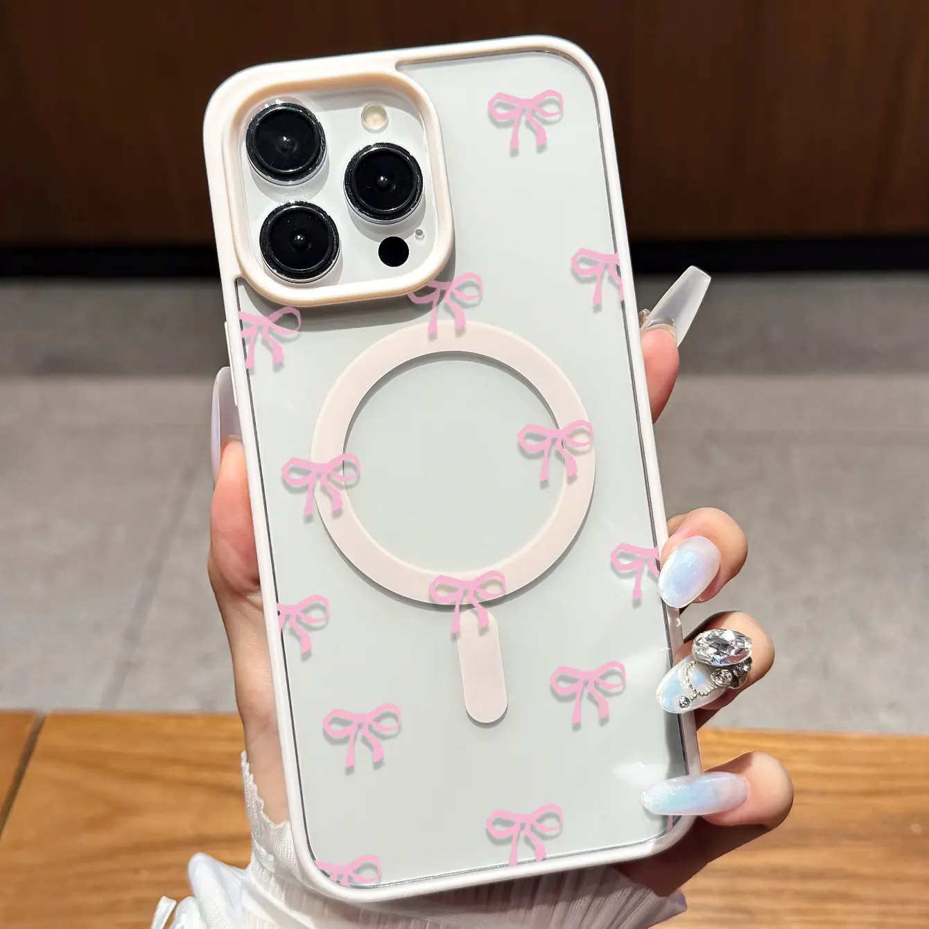 Cute Pink Bow Pattern MagSafe Silicone Smartphone Cover - Magnetic Hard Acrylic Back, Soft TPU Edge, Shock-Resistant Protection for iPhone 17 Pro Max,16,16e,15,14 Plus,13,12,11,X,XS - 2D Printed Handheld Cellphone Devices Accessory, Valentine's Day Gift
