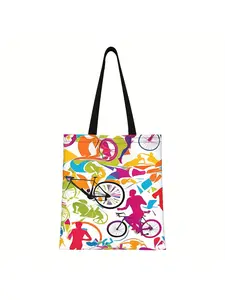 1pc Women's Triathlon Tote Bag - Heavy-Duty, Running, Swimming Design Gym Bag with Bike, Runner, Swimmer Graphics - Spacious Sports Bag for Triathletes, Gym, Travel, Shopping - Machine Washable Open-Top (Multi-Color Options: Pink, Blue, Green, Yellow