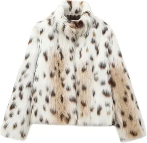 ebossy Women's Faux Fur Crop Jacket Long Sleeve Cozy Winter Warm Fluffy Leopard Pure Color Sherpa Coat with Pockets