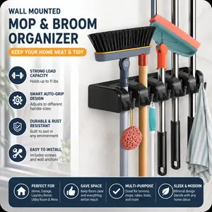 Plastic Broom Holder with Slots and Hooks, Adjustable Hooks Hanger, Wall Mount Mop and Broom Hanger, Waterproof Broom Organizer, Wall Mount Tool Organizer for Garage Storage, Durable & Easy to Use, save space, for Home, Kitchen, Laundry Room