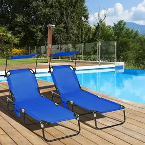 Pool Chaise Lounge Chairs Set of 2 Folding with Sunshade Reclining Back Steel Frame Blue Outdoor Beach Chair Set