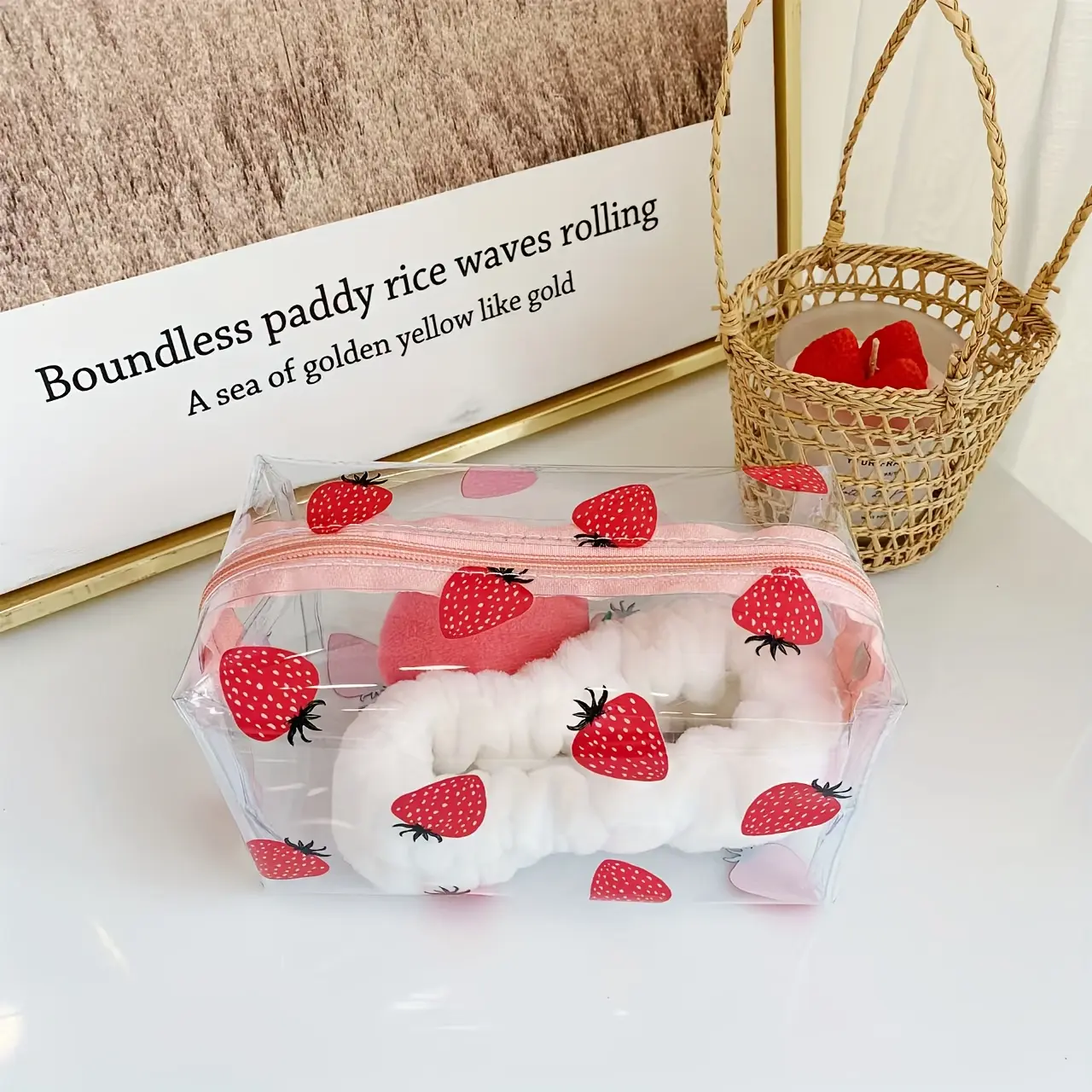 Transparent PVC Storage Bag with Strawberry Pattern Design, Durable Zipper Pencil Case Makeup Organizer for School Office Travel Use Office Supplies