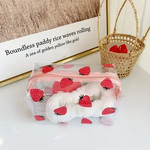 Transparent PVC Storage Bag with Strawberry Pattern Design, Durable Zipper Pencil Case Makeup Organizer for School Office Travel Use Office Supplies