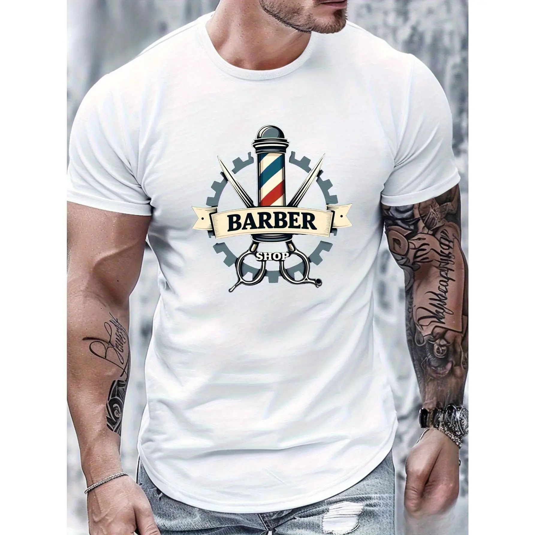 Barber Shop Graphic Tops - Retro Pole & Scissors Print, Breathable Round Neck Shortsleeve Menswear Undershirt, Machine Washable Basic All-Season Comfort