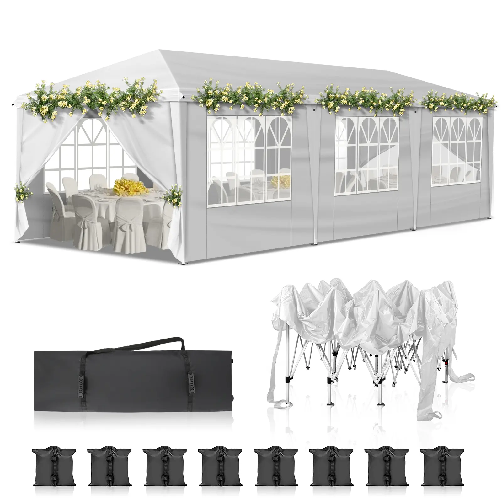 10X30Ft Outdoor Pop Up Canopy Tent With 8 Removable Sidewalls, Waterproof 210D Oxford Instant Commercial Gazebo, Portable Heavy Duty Shelter For Wedding, Party, Graduation, Backyard Events