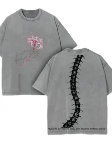 Retro Washed Anime T-Shirt | Lycoris Radiata (Red Spider Lily) Print, Comic Book Style Graphic, Y2K Streetwear, Gothic Casual Wear, Gift for Fans, Pure Men'S Pullover Short-Sleeved Top, Otaku Style Everyday Wear men  clothing