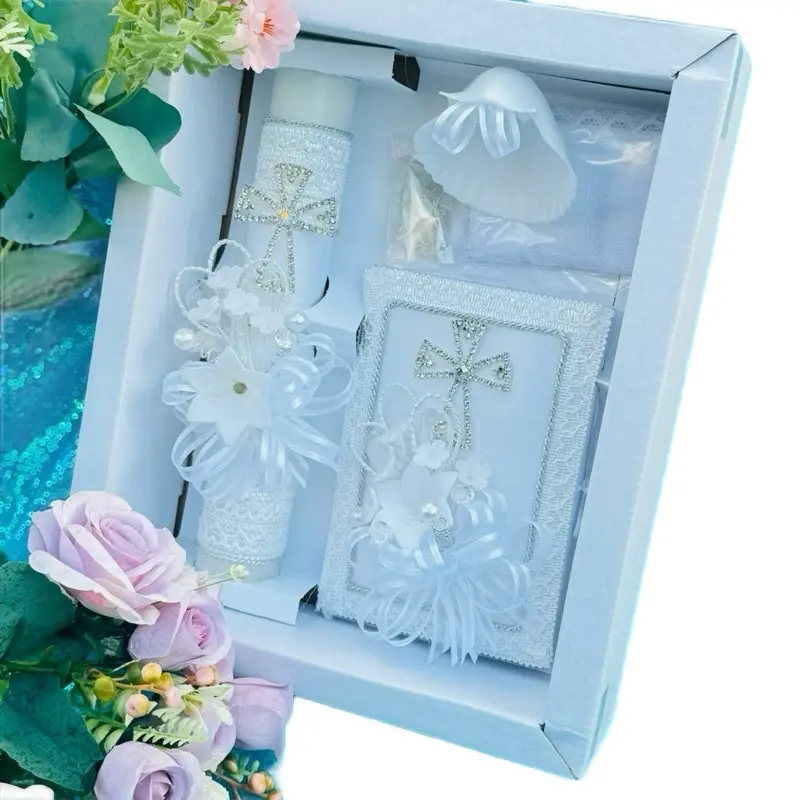 8-in Traditional Baptism Candle Set - Ceremony Gift with Rosary, New Testament, Decoration for Male, Female | Festive Party Supplies in White Box (English, Spanish), Baptism Gift