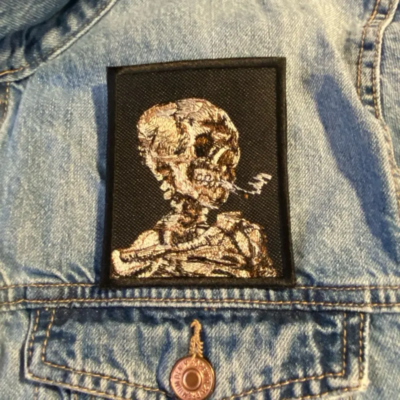 Gothic Van Gogh Burning Cigarette Embroidered Skeleton Skull Patch - 4in,6in Sizes, Iron-On-Sew-On-Hook Backing, Women's Fashion Clothing Accessory, Gift for Jackets/Bags Lovers
