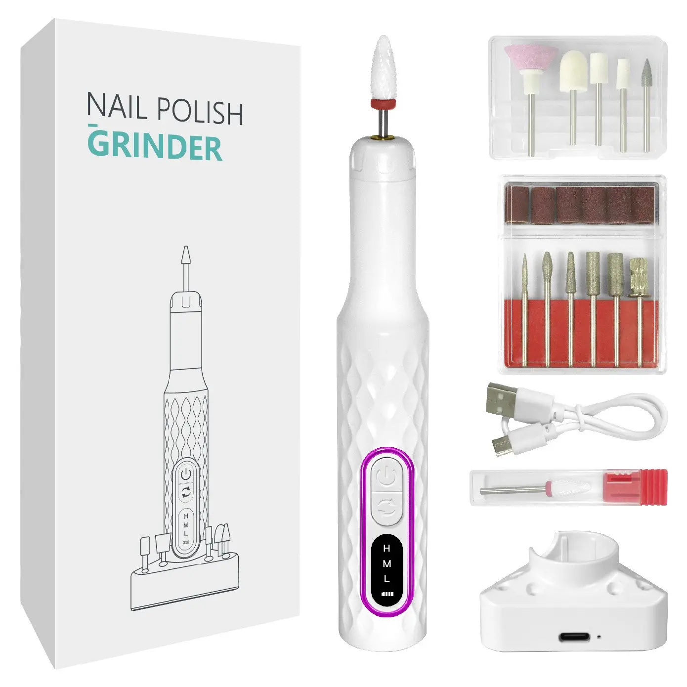 Portable Cordless Electric Nail Drill 3-Speed Professional Set with 12 Replacement Heads, Charging Base – Low-Noise Nail File – 3-in-1 for Home Use: Removing Gel Polish, Cuticle Care, Polish Manicure, Diy Manicure, Rechargeable