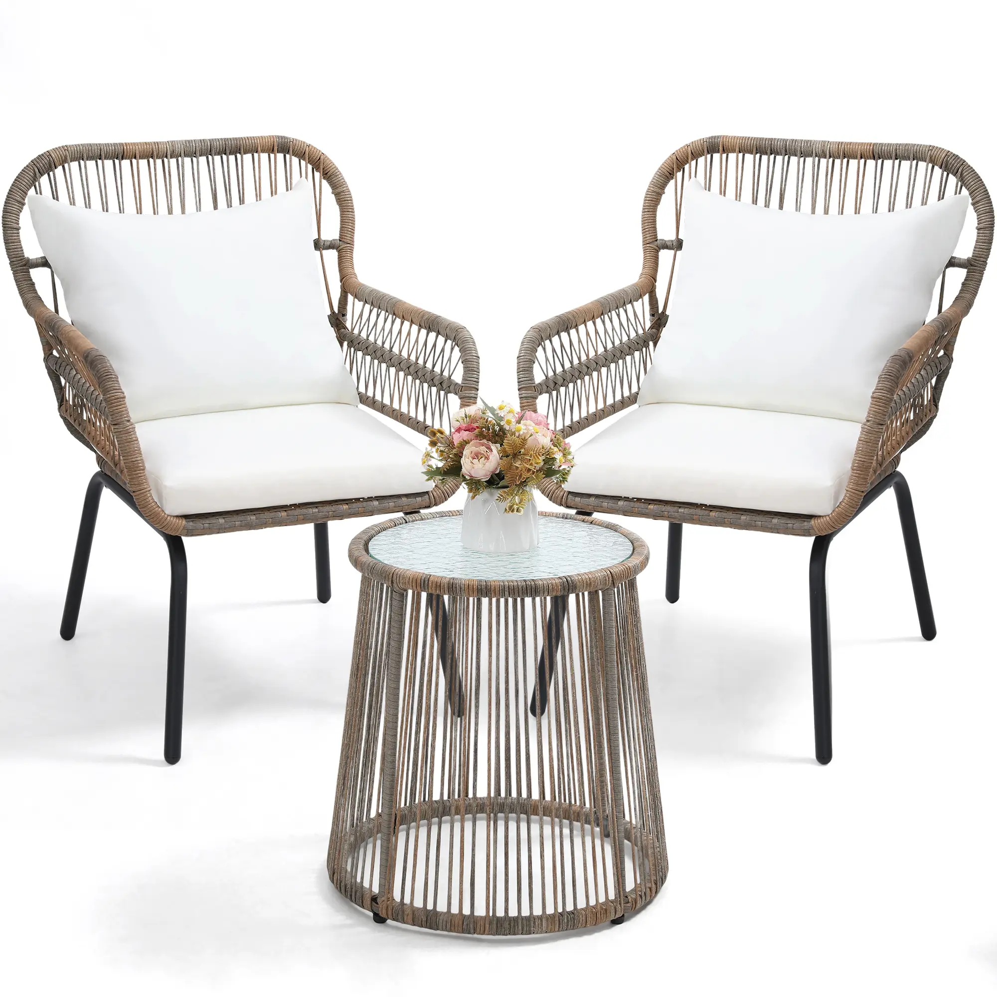 3-Piece All Weather Rattan Bistro Set， Outdoor Patio Conversation Chairs Table with Textilene Wicker, Weatherproof Design for Balcony, Porch, Backyard，Beige summerwins