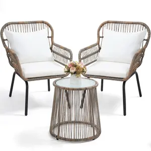 3-Piece All Weather Rattan Bistro Set， Outdoor Patio Conversation Chairs Table with Textilene Wicker, Weatherproof Design for Balcony, Porch, Backyard，Beige