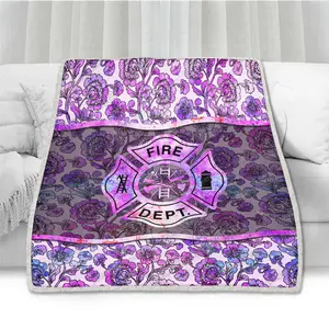 Firefighter Badge Personalized Flower Pattern On Purple Throws Blanket Comfort Warmth Soft Blanket Fleece Blanket, Sherpa Blanket, Firefighter Blanket, Blanket For Gift