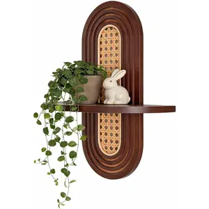 1pc Mid-Century Modern Wall Shelf - Arched Wood & Woven PE Rattan Boho Decorative Floating Shelf, Vintage Aesthetic Decor for Living Room, Bedroom, Kitchen & Home Office (Walnut)