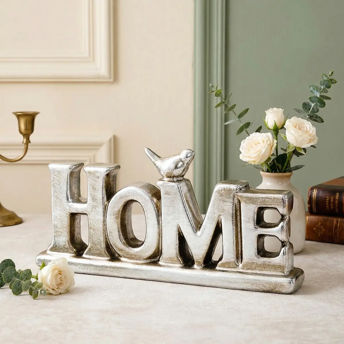 European Vintage Silver Color Home Letter Ornament, Resin Material with Silver Color Decor, Desktop Decoration for Festivals and Home, Home Decor Products