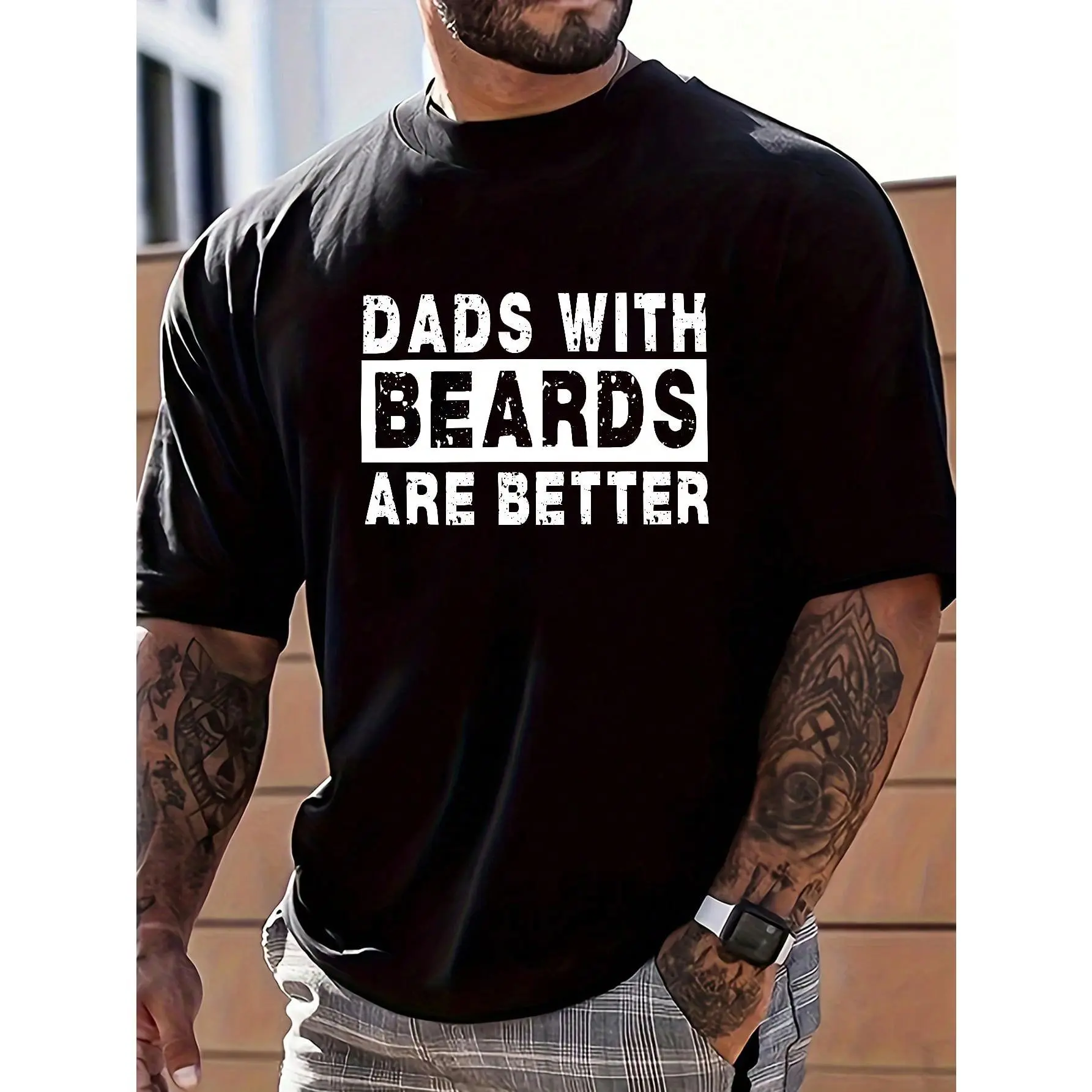Men's Classic Relaxed Fit Short-Sleeve Casual Printed T-Shirt - "Dad With A Beard Is Better" Graphic, Comfortable Fabric, Streetwear Style