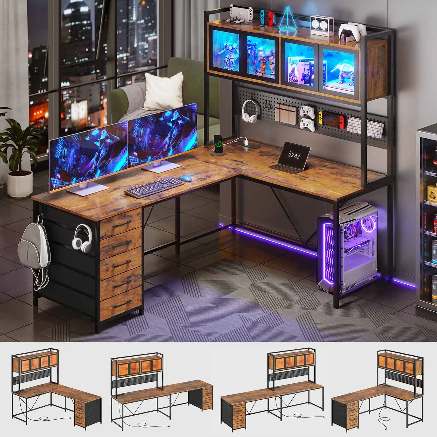 SEDETA L-Shaped Computer Desk with Storage Home Office Desk LED L-Shaped Gaming Desk with Storage