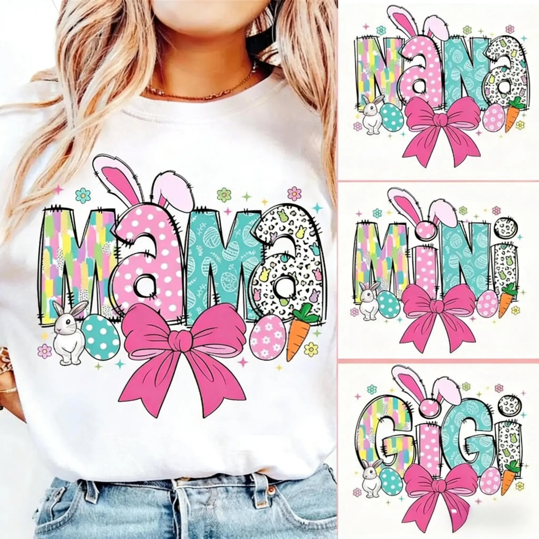 Women's Classic Fit Casual Short Sleeve T-Shirt - Mama/Mimi/Granny Bunny Outfit, Easter Gift for Moms, LORA ATCHER t0301 Women's Clothes, OEKO-TEX Safe Tops
