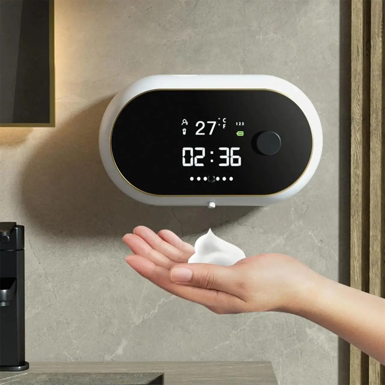 Automatic Touchless Soap Dispenser with Clock, Wall Mounted Rechargeable Smart Sensor Liquid Soap Dispenser for Gel Soap, Adjustable Auto Electric Bathroom Hand Soap Dispenser, White