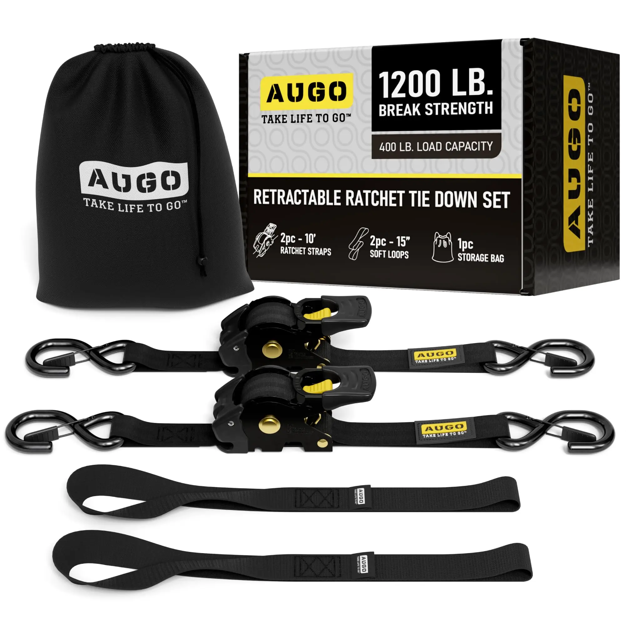 AUGO Retractable Ratchet Tie Down Straps –2PK– 10 FT – 1200 LB Break Strength – Safety Lock S Hooks –for Moving Cargo, Appliances, Lawn Equipment, Motorcycle – 2 Soft Loops, Storage Bag