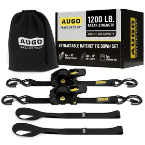 AUGO Retractable Ratchet Tie Down Straps –2PK– 10 FT – 3000 LB Break Strength – Safety Lock S Hooks –for Moving Cargo, Appliances, Lawn Equipment, Motorcycle – 2 Soft Loops, Storage Bag