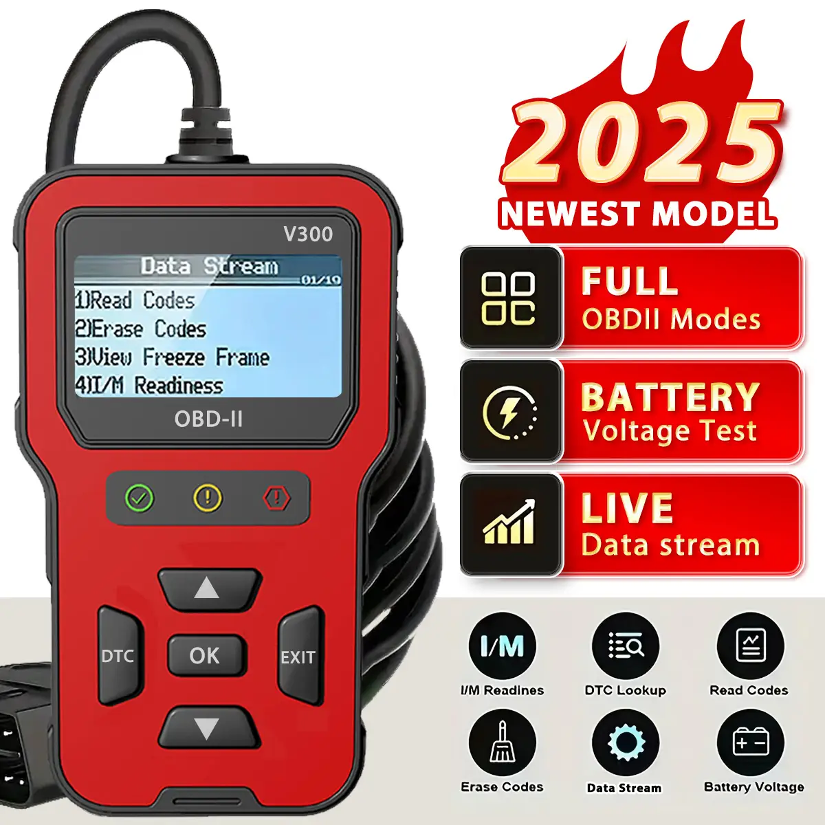 Portable EOBD Car Diagnostic Scan Tool with Full OBd2 Function, 9 Language Support, Battery Voltage Test, Live Data Stream, After 1996 Models
