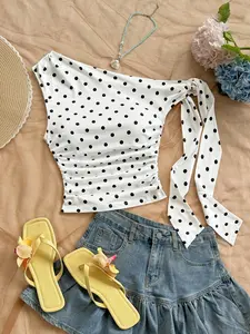 Women's Summer Y2K Polka Dot Print Ruffle Asymmetrical Shoulder Top, Womenswear Casual Fashion Blouse, Stylish and Comfortable, Fitted Ruffled