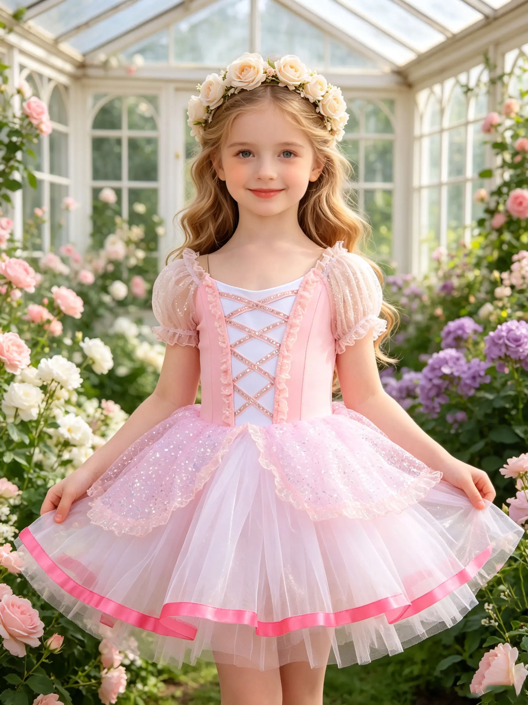 Girls' High-Stretch Nylon Blend Slim-Fitted Ballet Dress - Puff Sleeve Sequin Layer Tulle Costume with Crisscross Rhinestone Leotard, Sweet Look for Dance Recital, Birthday Party School Gift