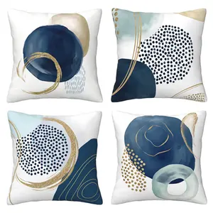 Modern Bohemian style pillow set, blue geometric pattern, zipper closure, suitable for living room and bedroom, 4-piece set with double-sided printing, Home Textile