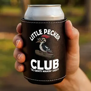 Funny Leather Beer Can Cooler Sleeve, Little Pecker Club Design, Insulated Portable Drinkware Drink Cozy for Men, Perfect Party Gift Idea