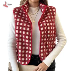 Women??s Fuzzy Checkered Vest Sleeveless Stand Collar Zip Up Vest Jacket Winter Warm Outwear