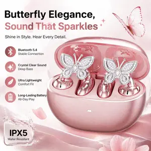 [Summervibes] Tukio 2026 Jewelry-Inspired Clip-On Earbuds with Butterfly Earrings Comfortable Fit 50H Playtime Bluetooth 5.4 Wireless Headphones for Women Sports Workouts