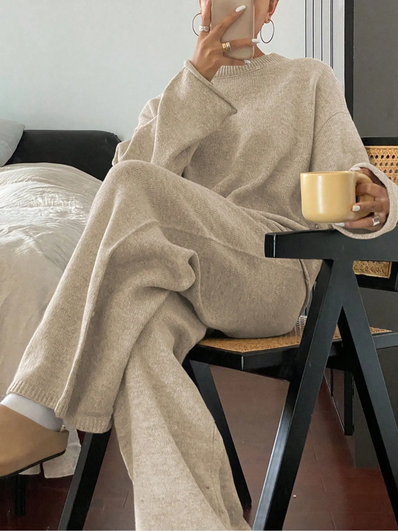 Women's Comfortable Basic Knit Set, Lounge Matching Set, Clothes, Round Neck Long Sleeve Knitted Sweater & Wide Leg Pants, Loose Fit, Soft Knit Texture, Casual Home Wear, Fall & Winter Fashion, Womenswear
