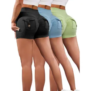 3pcs Women's High-Waisted Butt Lifting Workout Scrunch Shorts with Pockets - Yoga & Gym Booty Shorts, High-Elasticity Machine-Washable Tight-Fit Solid Color for Spring Summer Fall, Fitness Apparel |   Sleek Design |   No Transparency Fabric, Gym Accessori