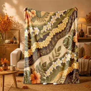Hawaiian Tropical Floral Wave Pattern Print Flannel Blanket - Suitable for all seasons, soft, lightweight and breathable, for bedroom, seasonal and holiday decorations - Perfect for beds, sofas, offices, camping and travel