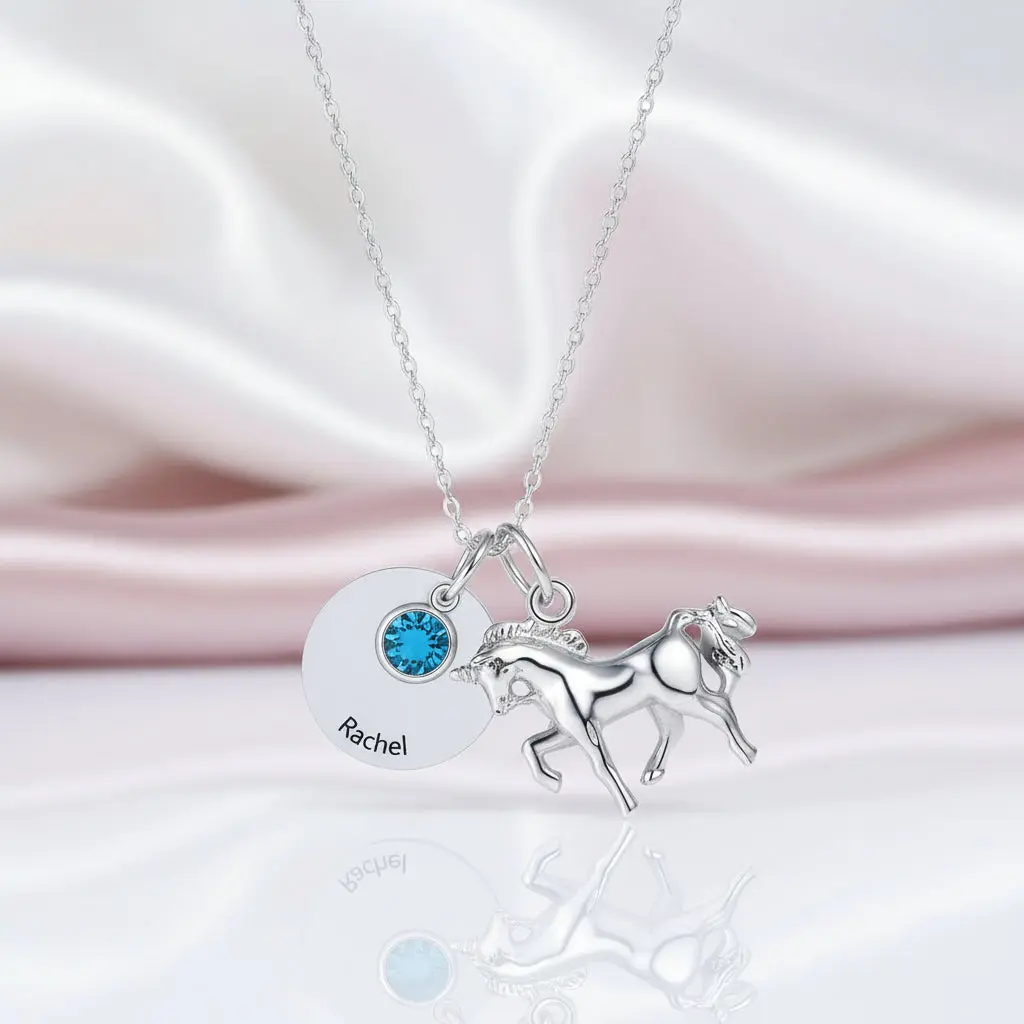 Custom Birthstone Round Horse Name Necklace
