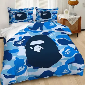 2/3Pcs Blue Camouflage Decorative Duvet Cover Set, Stylish Ape Head Bedding Set, Soft and Comfortable Fabric, Ideal for Modern Bedroom Decor, Seamless Design with Iconic Streetwear Aesthetic Includes 1 or 2 Pillowcase - No filling/Zipper Closure