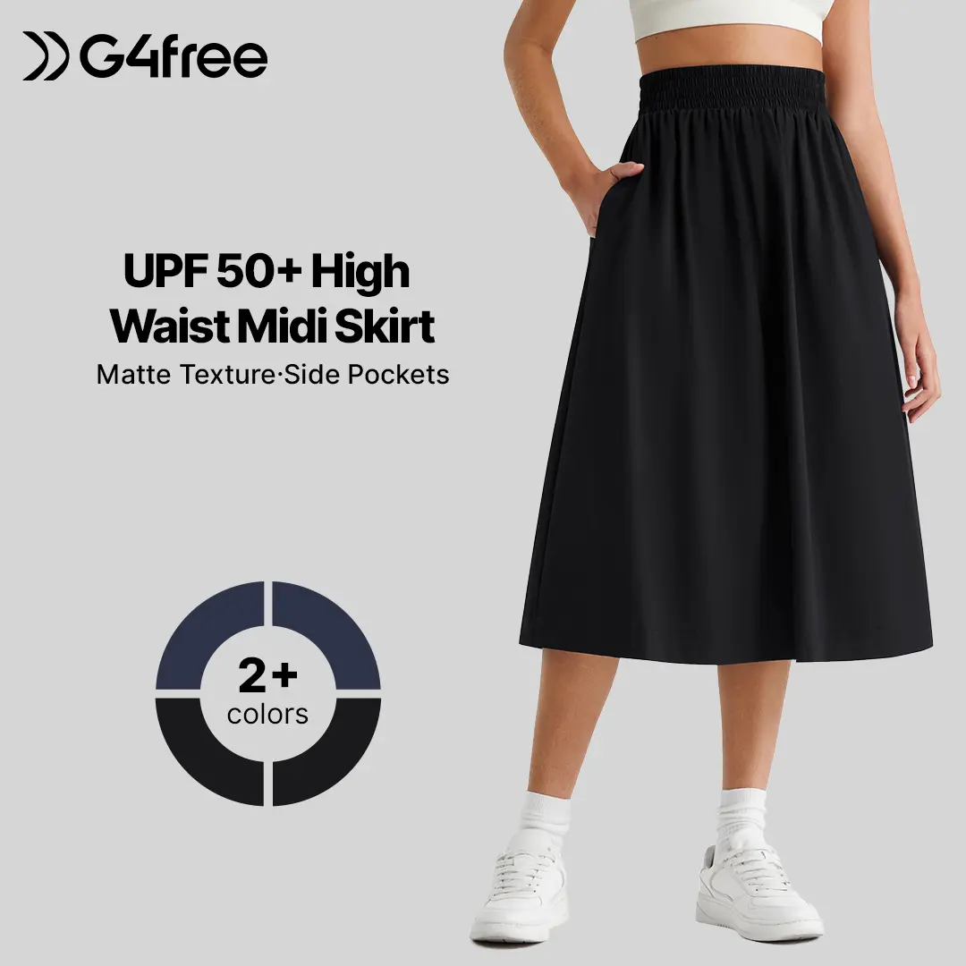 G4Free Women's Midi Skirts 29" High Waisted Quick Dry Water Resistant Lightweight Skirt with Pockets Travel Casual UPF 50+