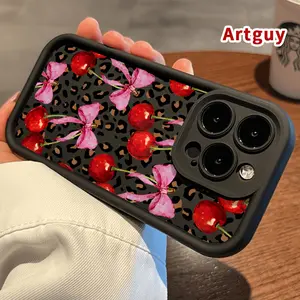 Phone Case for iPhone 17 Pro Max 16 Plus 15 14 13 12 11 Air E Cherry Bow Leopard Pocket-Friendly Shockproof Silicone Protective Softcase