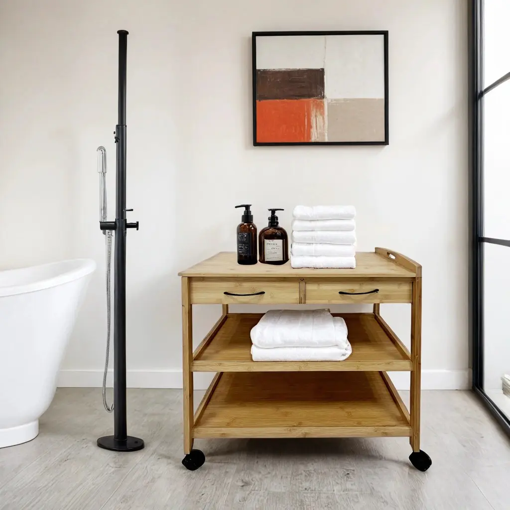 Watter Bamboo Contemporary Kitchen Serving Trolley with Wheels, Double Drawers, Multiple Storage Layers, Smooth Design for Decor and Racks