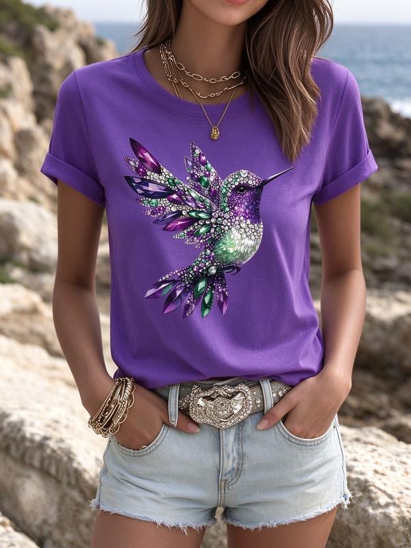 Women's Sparkle Gem Hummingbird Graphic T-Shirt - Comfortable Cotton Fabric, Casual Loose Boho Crewneck Top for Spring-Fall, Matching Anniversary Beach Nature Aesthetic Outfit Tee