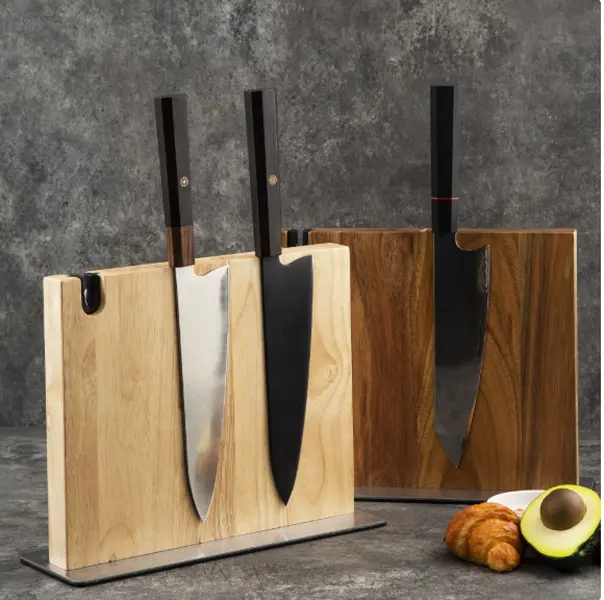 Solid wood magnetic knife holder with stable base. Prevent knife slipping, suitable for storing chef knives and food photography shooting.
