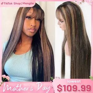 [30” Only $109.99] Menglle Hair Honey Blonde highlight 13x4 Long Straight With Bangs Glueless Human Hair Lace Front Wig Burgundy Silky Straight Lace Wig Easy Wear 180% Density#Summervibes#TikTokShopStockUp