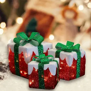 Christmas LED Gift Box, 3 Counts/set Battery Powered Gift Box with Bowknot, Lighted Gift Box for Indoor Outdoor Home Yard Party Decoration (Battery Powered, without Battery)
