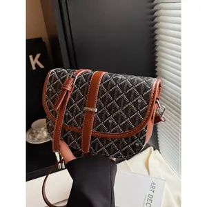Fashion Colorblock Women's Saddle Bag, Flap Print Design Shoulder Crossbody Bag with Pendant Decoration, Perfect for College Students, Classic Shoulder Bag, Fashionable Saddle Bag
