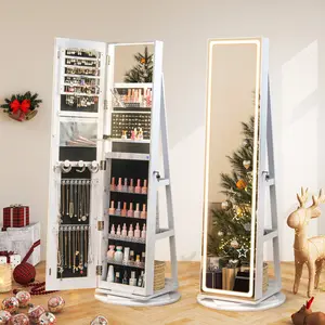[Valentine’s Day Gift] COSTWAY 360° Swivel Jewelry Armoire with Full Length Mirror, Rear Storage Shelves, Lockable Standing Jewelry Cabinet Organizer with Interior Vanity Mirror and 3-Color Lights, Christmas Festival Gift Black Friday Cyber Monday