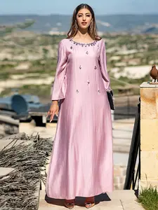 Women's Long Dress Abaya, Elegant Beaded Neckline, Embroidered Design, Perfect for Parties & Ramadan, Loose Fit Slimming Robe