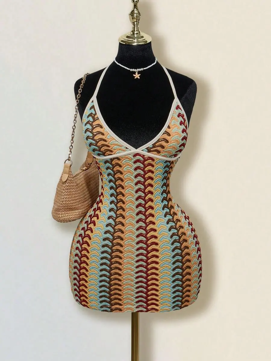 SHEIN ICON Women's Colorful Jacquard Knitted Contrast Color Ribbed Edge Halter Backless Deep V-Neck Mini Beach Dress,Boho Clothes Women
