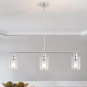 3 Lights Kitchen Island Lighting Brushed Nickel Pendant Light Fixtures with Glass Shade 31" Dining Room Chandeliers Adjustable Height Modern Linear Ceiling Hanging Light for Living Room Foyer