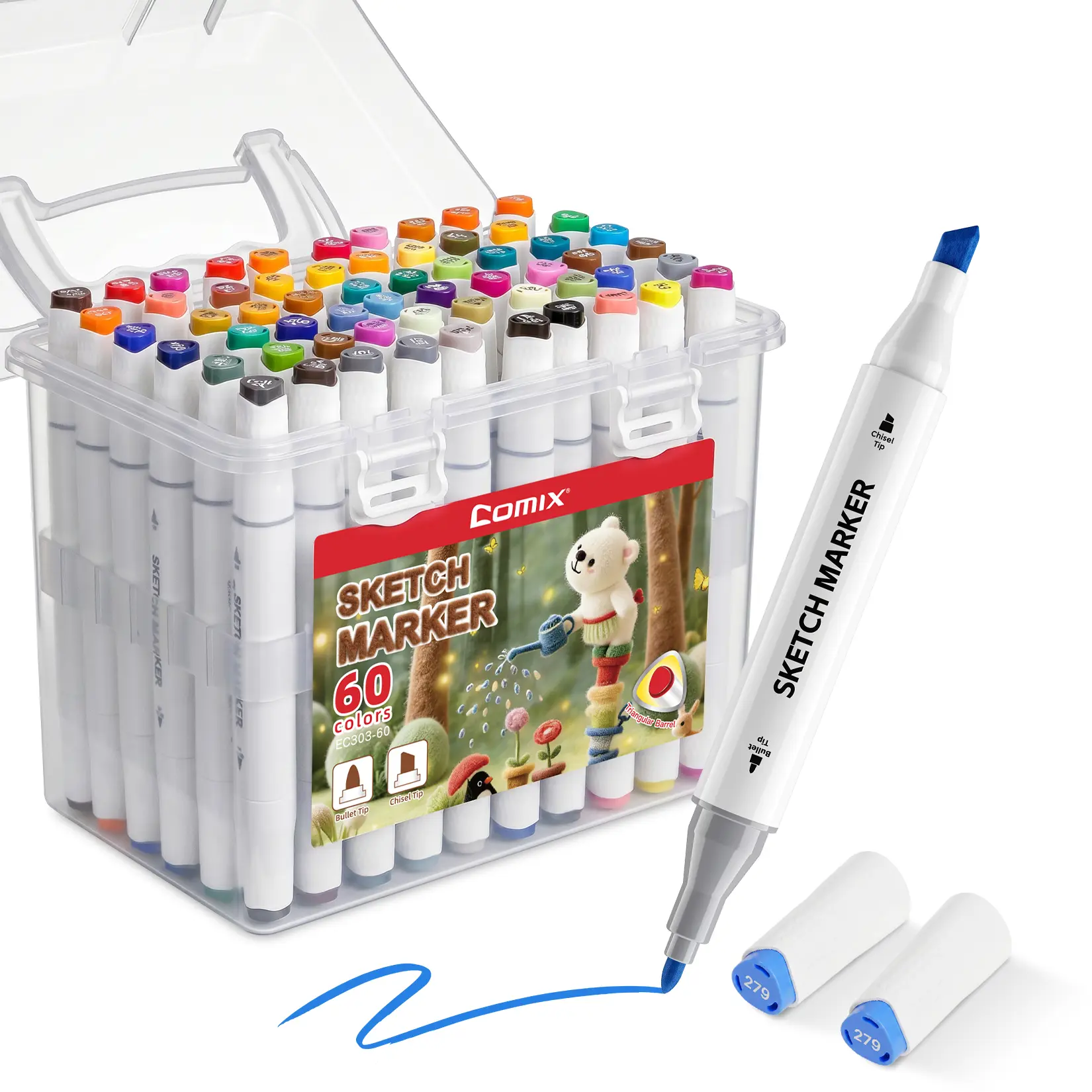 Comix 36/48/60 Ergonomic Triangular Alcohol Markers Set, Dual Tip (Bullet & Chisel) Anti-Fatigue Permanent Art Markers with Portable Case for Illustration, Manga, Sketching & Adult Coloring